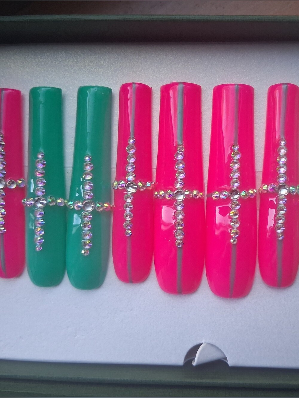 Hot Pink & Emerald Green Crystal Accent Press-On Nails